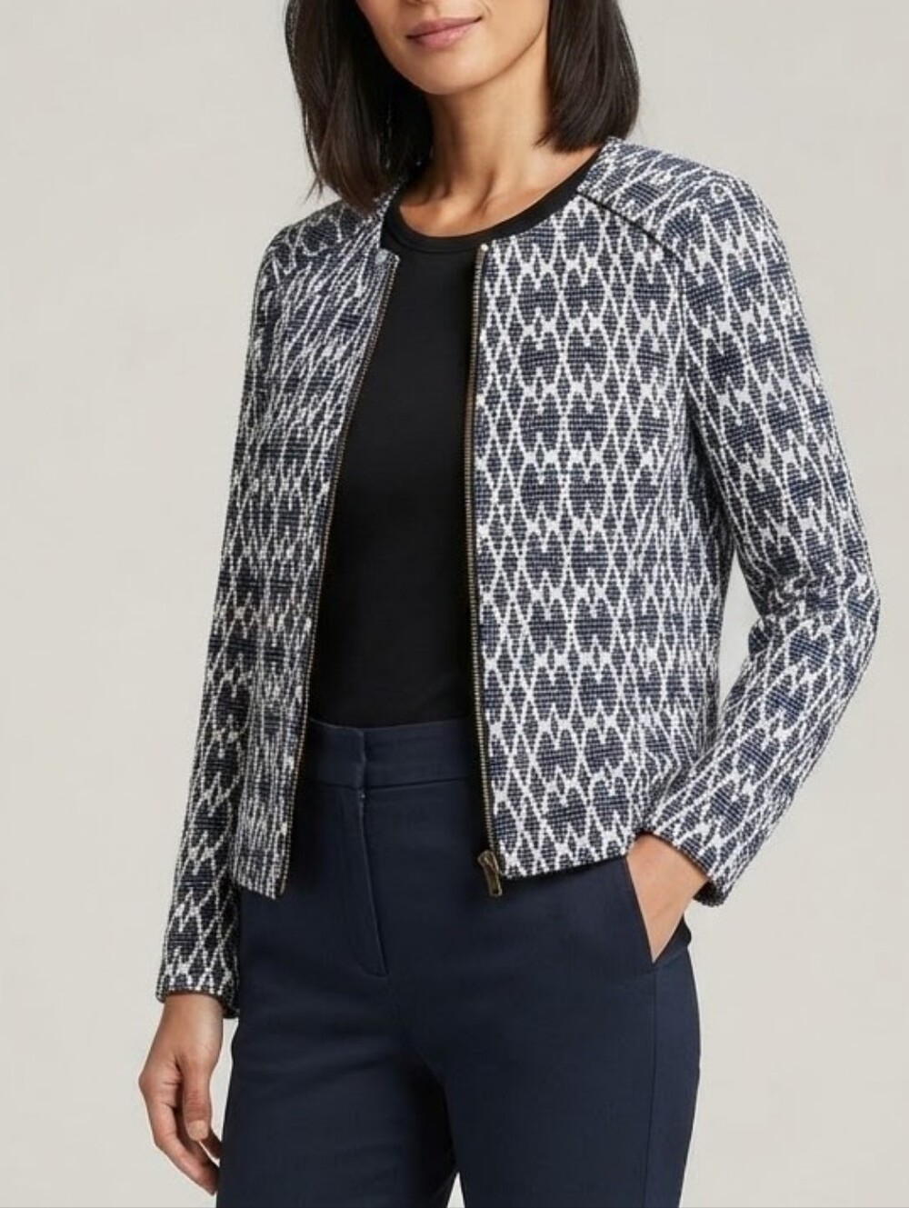 J.Crew Blue White Geometric Jacquard Zip Moto Jacket Size small